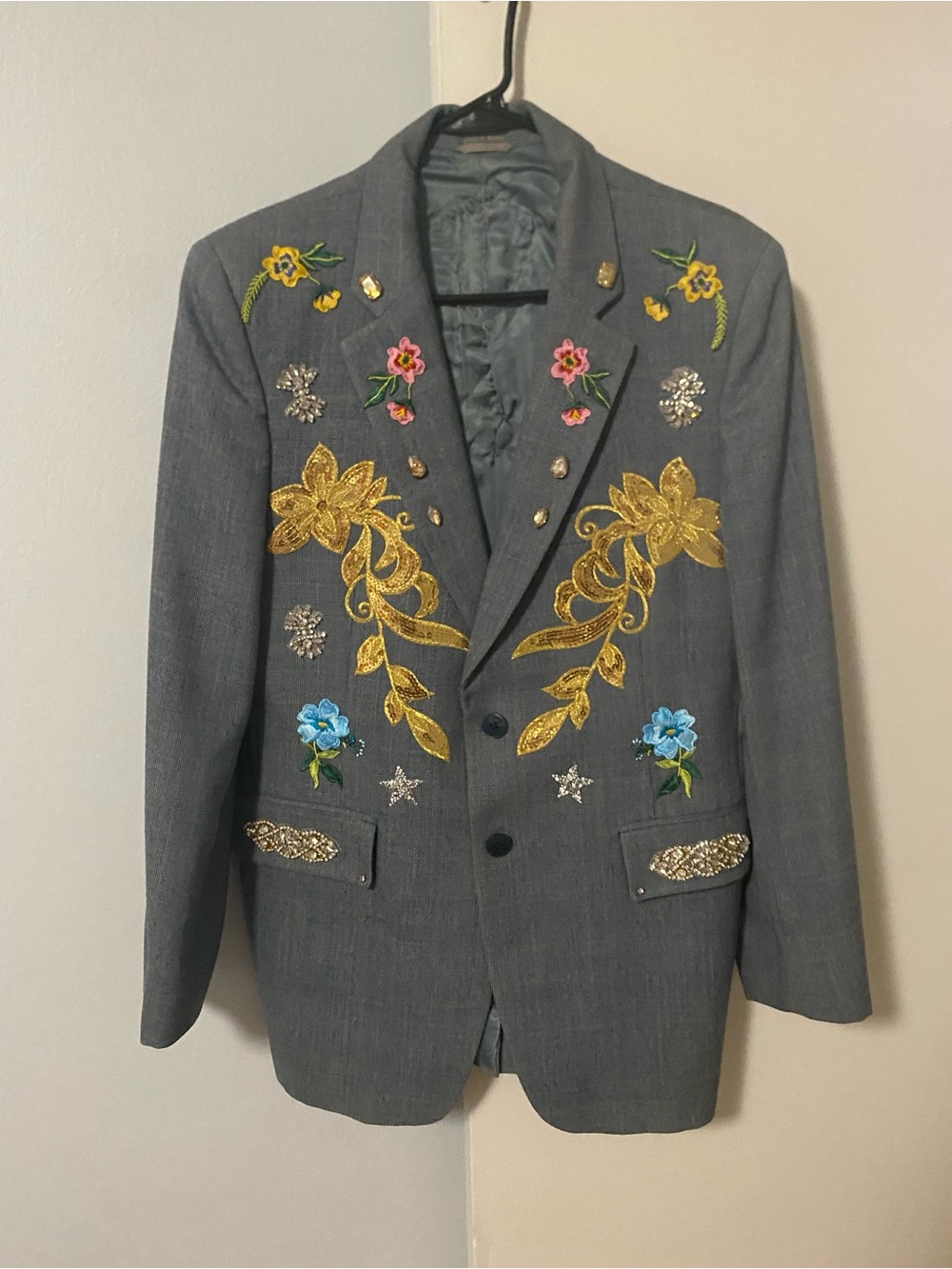 Vintage Ezra Lee of London Grey Men's Wool Blend Blazer with Embellishments